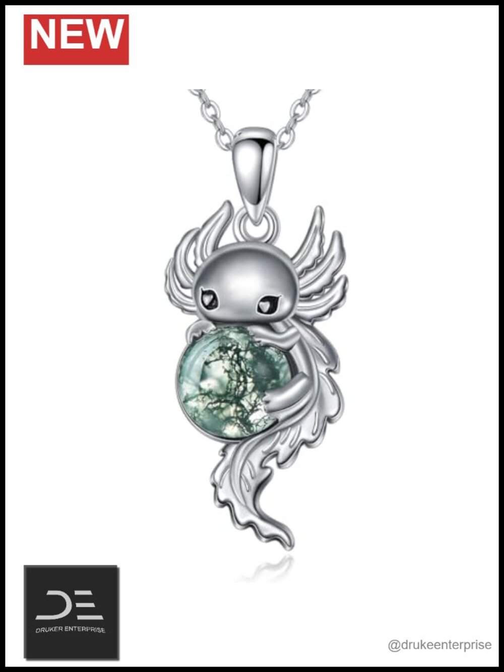 Axolotl Pendant Necklace 925 Sterling Silver Moss Agate Jewelry Gift